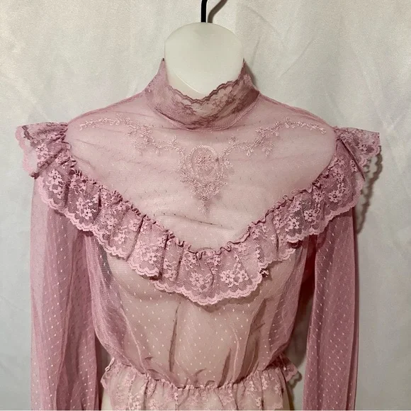Vintage Victorian Edwardian Style Sheer Lavender Purple Lace Ruffle Blouse Size - Picture 2 of 9